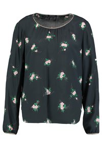 Blusa a maniche lunghe verde scuro con un motivo floreale di fiori rosa e verdi. Tessuto morbido e leggero con scollatura rotonda e polsini elasticizzati.