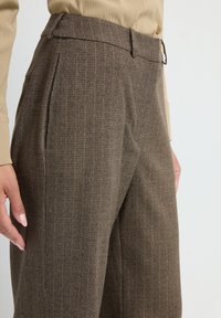 Bruine geruite broeken met een getailleerde pasvorm, voorzien van een soepele textuur, een geplooid voorpand en zijzakken. Extra details omvatten een knoopsluitingen tailleband.