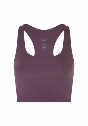 Sujetador deportivo morado sin mangas con diseño de espalda cruzada, etiqueta interior impresa, hecho de una mezcla de poliéster reciclado, talla pequeña.