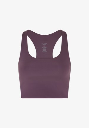 Bustier sport fără mâneci, culoare mov, cu design racerback, etichetă interioară imprimată, realizat din amestec de poliester reciclat, mărimea mică.