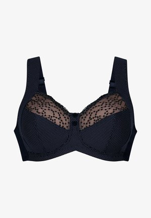 Granatowy stanik z teksturą w kropki i koronkowymi detalami na górze. Posiada regulowane ramiączka i dwa guziki ozdobne na środku przodu.