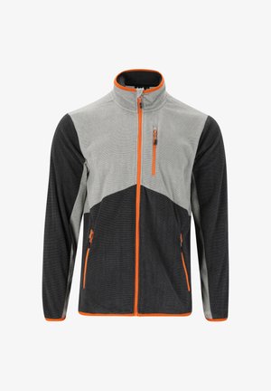 Herren Fleecejacke mit hellgrauem Oberteil, dunkelgrauem Unterteil, orangefarbenem Reißverschluss und Akzenten, Vorder- und Brustreißverschlusstaschen sowie langen Ärmeln.