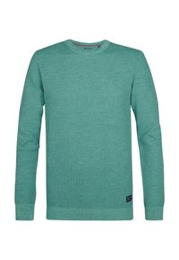 Lichtblauwe gebreide trui, ronde halslijn, lange mouwen, gestructureerde stof, geribbelde manchetten en zoom, klein label aan de onderzijde links.