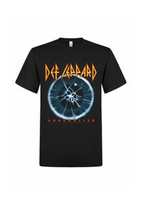 Zwarte katoen t-shirt met een blauw en wit oogontwerp met elektrische scheuren. "DEF LEPPARD" en "ADRENALIZE" in vette oranje en rode tekst.