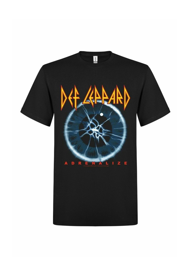 Zwarte katoen t-shirt met een blauw en wit oogontwerp met elektrische scheuren. "DEF LEPPARD" en "ADRENALIZE" in vette oranje en rode tekst.