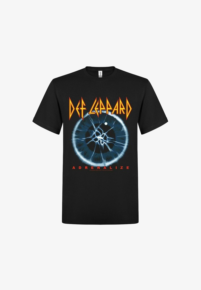 Schwarzes Baumwoll-T-Shirt mit einem blauen und weißen Augendesign, das elektrische Rissmuster aufweist. "DEF LEPPARD" und "ADRENALIZE" in fettem orange und rotem Text.