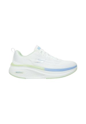 Scarpa da ginnastica bianca con accenti verde chiaro e blu, chiusura con lacci e suola spessa imbottita pensata per corsa e camminata.