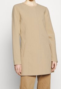 Cappotto beige con silhouette dritta, maniche lunghe e tasche laterali. Tessuto liscio con dettagli di cucitura sottili, scollo rotondo e design minimalista.
