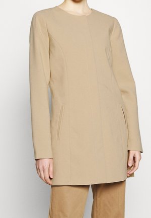 Cappotto beige con silhouette dritta, maniche lunghe e tasche laterali. Tessuto liscio con dettagli di cucitura sottili, scollo rotondo e design minimalista.