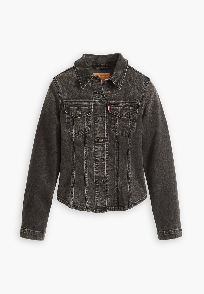Schwarze Jeansjacke mit einem umgeschlagenen Kragen, Knopfleiste, zwei Brusttaschen und einem leicht verkürzten Saum. Verfügt über leichte Ausbleichungen und Nähdetails.