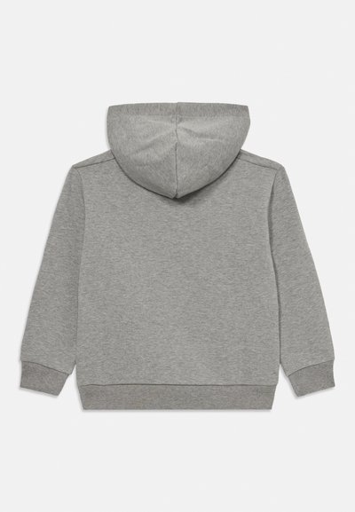 Felpa grigia con cappuccio realizzata in morbido misto cotone. Presenta un cappuccio arrotondato e polsini a coste con un design semplice. Vista posteriore mostrata.