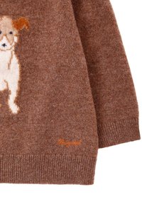 Maglione intrecciato marrone con design di cane. Il materiale è morbido con una finitura testurizzata. Il nome del marchio "Beyond" è ricamato in arancione.