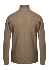 Maglione marrone con colletto alto, maniche lunghe, polsini e orlo a coste, realizzato in un tessuto a maglia текстurato.