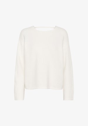 Witte lange mouwen sweater van zacht materiaal, met een bootnek en een subtiele uitsnijding aan de achterkant voor een ontwerpdetail.