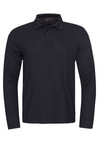 Navyblaues Langarm-Polohemd mit weichem Textil, flachem Kragen und einer Dreiknopf-Leiste. Mit dezentem Logodetail am Ärmel.
