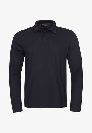 Granatowa koszula polo z długim rękawem o miękkiej fakturze, z płaskim kołnierzykiem i listwą na trzy guziki. Posiada subtelny detal z logo na rękawie.