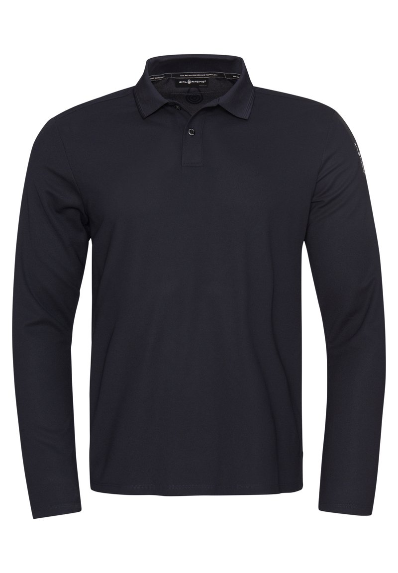 Navyblaues Langarm-Polohemd mit weichem Textil, flachem Kragen und einer Dreiknopf-Leiste. Mit dezentem Logodetail am Ärmel.
