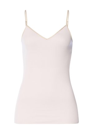 Beige mouwloze camisole top met dunne verstelbare bandjes en een V-hals, aansluitende pasvorm.