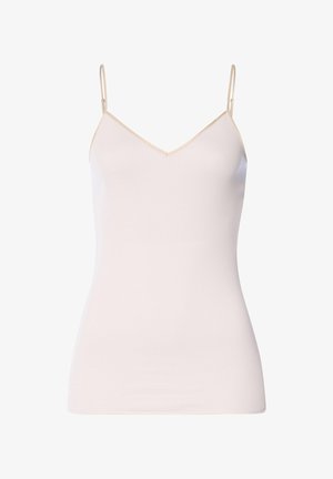 Top camisola sin mangas beige con tirantes finos ajustables y escote en V, silueta ajustada.