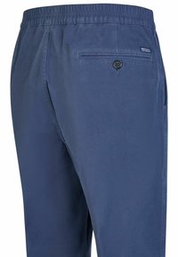Navy blue trousers featuring a smooth texture, elastic waistband, and a back pocket with a button closure. Few visible stitching details.