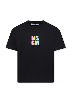 T-shirt in cotone nero con un logo colorato "MS GM" sul davanti. Design classico con colletto rotondo e maniche corte.