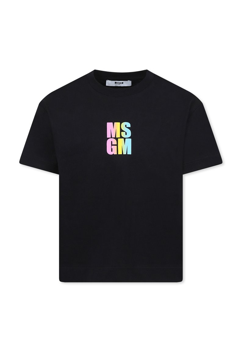 T-shirt in cotone nero con un logo colorato "MS GM" sul davanti. Design classico con colletto rotondo e maniche corte.
