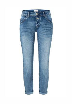 Light blue denim jeans with a slim fit, featuring a double-button closure, five pockets, and rolled cuffs. Smooth texture with faded detailing.