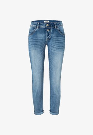 Light blue denim jeans with a slim fit, featuring a double-button closure, five pockets, and rolled cuffs. Smooth texture with faded detailing.