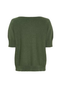 Kortærmet, rundhals sweater i mørkegrøn. Blødt strikmateriale med ribbet detaljering på ærmer og kant. Letvægts og afslappet design.