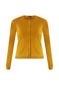 Žlutý kardigan, dlouhé rukávy, texturovaná pletenina, kulatý výstřih, přední zapínání na knoflíky s vlnitým okrajem a přiléhavý design.