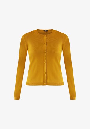 Gelbe Strickjacke, lange Ärmel, strukturiertes Strickgewebe, runder Ausschnitt, vordere Knopfleiste mit gewellten Kanten und taillierter Schnitt.