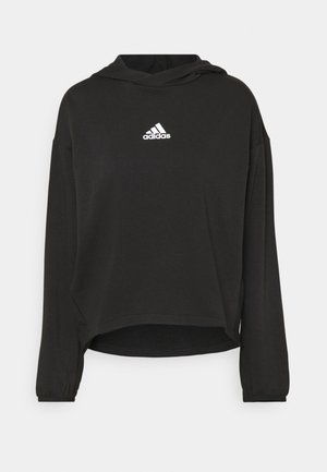 Schwarzer Adidas Hoodie mit langen Ärmeln, elastischen Bündchen, Kapuze und einem weißen Adidas-Logo mittig auf der Brust.