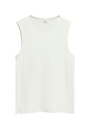 Biały top bez rękawów z okrągłym dekoltem, z etykietą s.Oliver, prosty wzór i prosty dół.