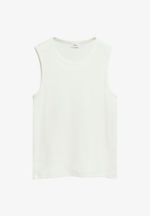 Biały top bez rękawów z okrągłym dekoltem, z etykietą s.Oliver, prosty wzór i prosty dół.