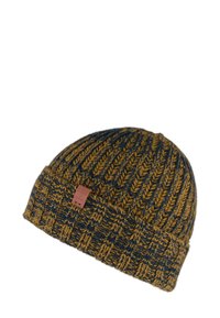 Czapka dziana w kolorze granatowym i musztardowym, z fakturowanym wzorem i brązową skórzaną metką z logo. Miękki materiał, ściągacz dla dopasowania.