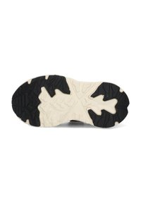 Suola di sneaker nera e crema con una superficie testurizzata e a motivi per una migliore aderenza. Presenta linee di battistrada definite e un design centrale solido.