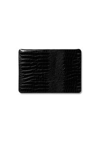 Black rectangular wallet with crocodile texture pattern, rounded corners, and smooth finish on a white background.