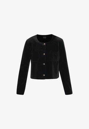 Schwarze samtige, cropped Strickjacke mit Rundhalsausschnitt, langen Ärmeln, goldenen Knöpfen auf der Vorderseite und zwei Brusttaschen.