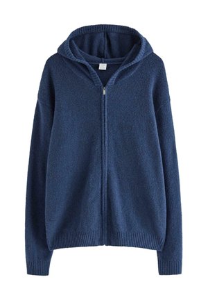 Marineblauwe capuchontrui met ritssluiting, lange mouwen en geribbelde boorden en zoom, gemaakt van zachte, gestructureerde stof.