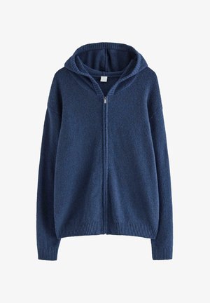 Marineblå hættetrøje med lynlås, lange ærmer og ribstrikkede manchetter og kant, lavet af blødt tekstureret stof.
