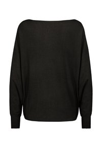 Black oversized long-sleeve sweater with a wide neckline, made of a textured fabric. Features ribbed cuffs and a straight cut at the hem.
