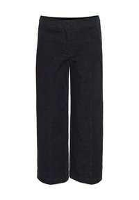 Pantalon noir à jambes larges en denim, avec une texture lisse, fermeture éclair à l'avant, sans motifs ni accents visibles.