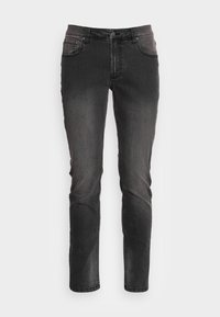 Jean en denim gris foncé avec une coupe slim, cinq poches, et une fermeture classique par bouton et fermeture éclair. La texture usée du tissu améliore le design.