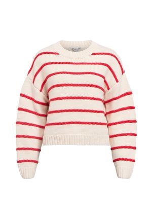 Maglione corto lavorato a maglia con base color crema e strisce orizzontali rosse. Presenta una scollatura rotonda e polsini e orlo a costine.
