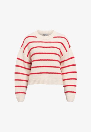 Neulottu lyhyt pusero, jonka pohjaväri on kerma ja siinä on punaisia vaakaraitoja. Puserossa on pyöreä alaosa ja resorireunukset hihoissa ja helmassa.