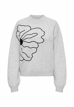 Grauer Pullover mit einem großen schwarzen Blumenmuster auf der Vorderseite, rundem Ausschnitt sowie gerippten Bündchen und Saum. Weicher Stoff und lockerer Schnitt.