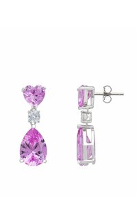 Heart and tear-shaped earrings with pink gems and clear accents in silver-tone metal. Features a modern geometric design.