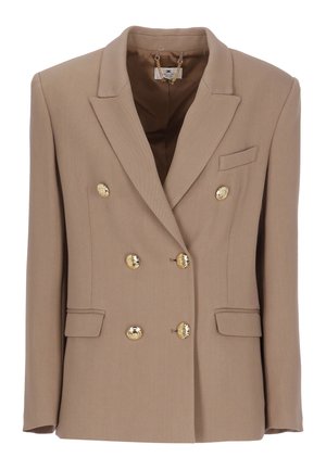 Blazer beige doppiopetto con ampi revers, bottoni dorati, tre tasche frontali e dettaglio a catena all'interno del colletto.