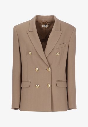 Blazer beige doppiopetto con ampi revers, bottoni dorati, tre tasche frontali e dettaglio a catena all'interno del colletto.