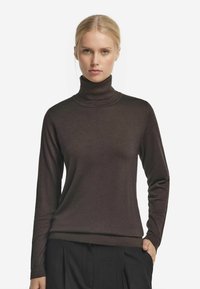 Brun polotröja med långa ärmar, tillverkad av mjukt material, med en figurnära design och ribbade ärmslut och nederkant.